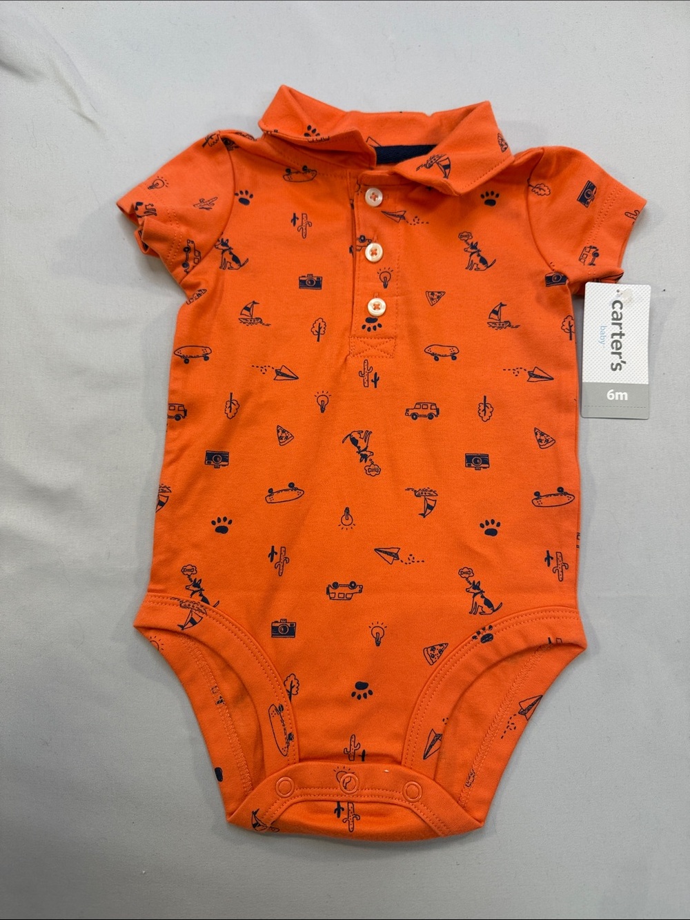 Carter's NWT Orange Short-Sleeve Polo One-Piece Bodysuit with Navy Icons